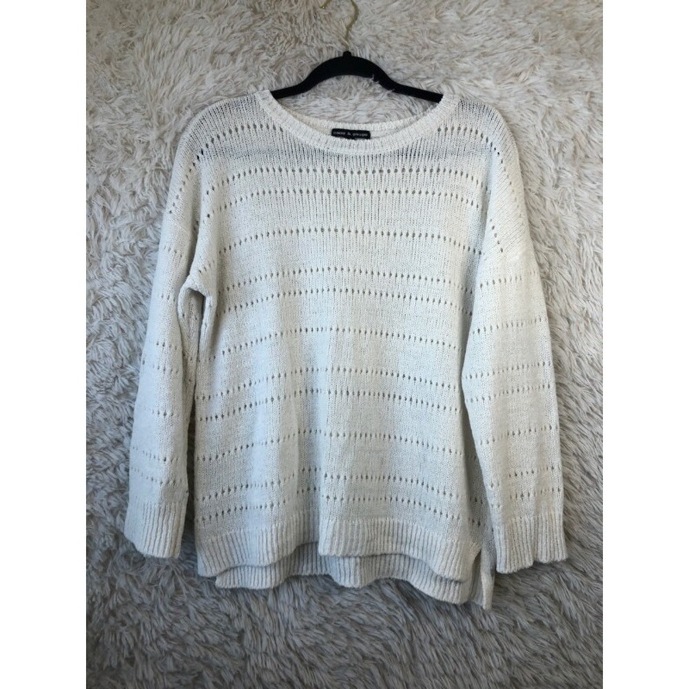Cable & Gauge Womens Pullover Sweater Ivory Long Sleeve Scoop Neck Slit Eyelet L
